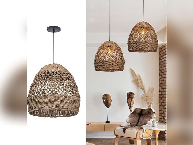 Arturesthome Woven Pendant Light, Modern Boho Hanging Lamp with Handwoven Rattan Shade, Farmhouse Coastal Pendant Light Fixtures for Kitchen Island, Dining Room, Bar, Foyer Hallway D 13.7in 94