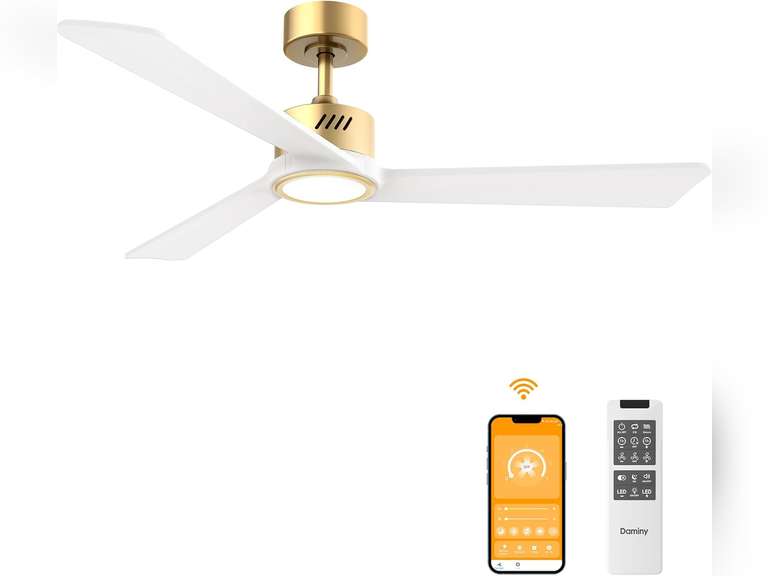 DAMINY Natural Solid Wood White and Gold 52 inch Ceiling Fan with Light,3 Blades,6CCT,Low Profile Ceiling Fan with Light and Remote Control 110