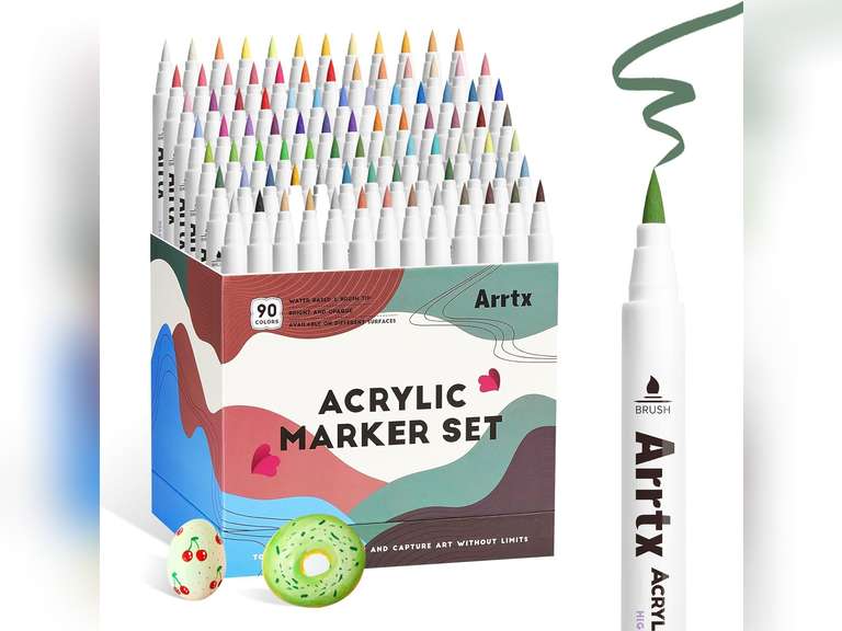 Arrtx 90 Colors Paint Markers, Acrylic Paint Pens for Artists Adults Coloring Drawing - Extra Brush Tip for Rock Painting, Wood, Canvas, DIY Crafts Making Art Supplies 66