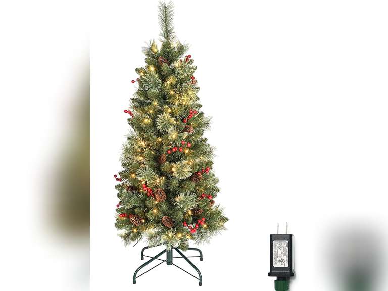 Similar model see pictures 4 ft Prelit Christmas Tree with 150 LED Lights, 230 Branch Tips & Metal Stand Red Berries & Pine Cone Slim Pencil Christmas Decoration Tree for Indoor and Outdoor Narrow Space 55