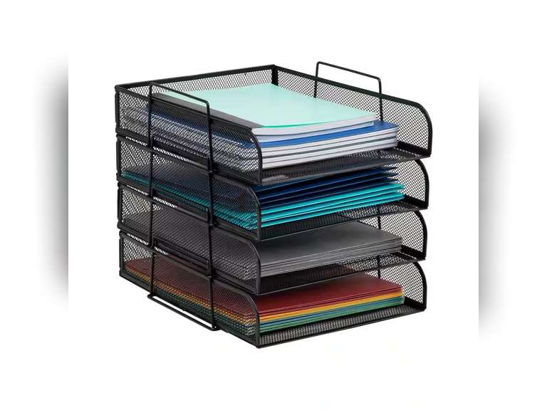 10.5"L x13. 5"W x11. 25"H, Stackable Paper Tray, Desktop Organizer, File Storage, Office, Metal, 4 Pcs., Black 67