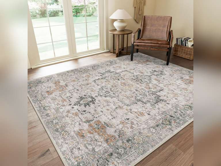 GENIMO 8x10 Area Rugs for Living Room, Machine Washable Non Slip Vintage Rugs, Low Pile Lightweight Chenille Print Rug for Bedroom, Dining Room, Home Office, Light Taupe Brown 110