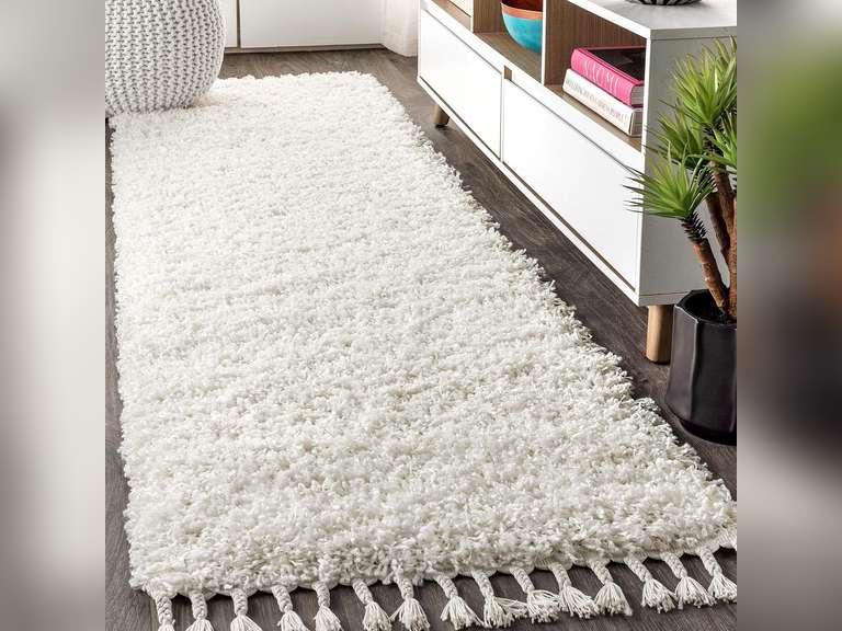 JONATHAN Y MCR100A-28 Mercer Shag Plush Tassel Indoor Runner Rug Bohemian Modern Contemporary Solid Easy-Cleaning Bedroom Kitchen Living Room, 2 X 8, White with Tassel 73