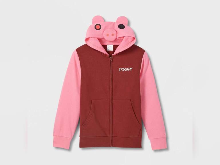 (Size M) Boys' Piggy Cosplay Hooded Sweatshirt - Pink/Burgundy 23