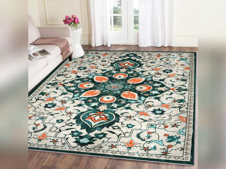 SARAG 5x7 Washable Area Rug Living Room Rug Large Non-Slip Vintage Green Rug for Bedroom Dining Room Laundry Bathroom Carpet Home Decor Thick Low Pile Rug 52