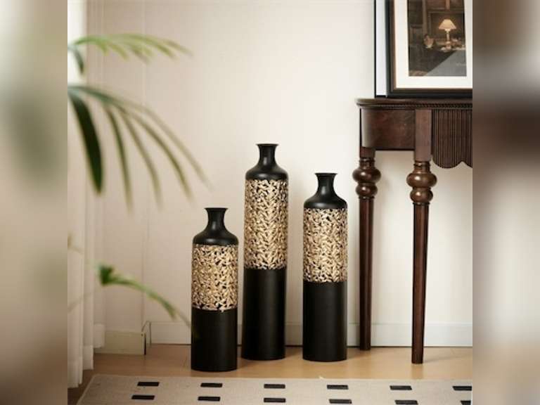 Aukfa Metal Decorative Tall Floor Vase,Set of 3 Large glazed Vases,20.8"/ 24.8"/28.7" H,Black 110