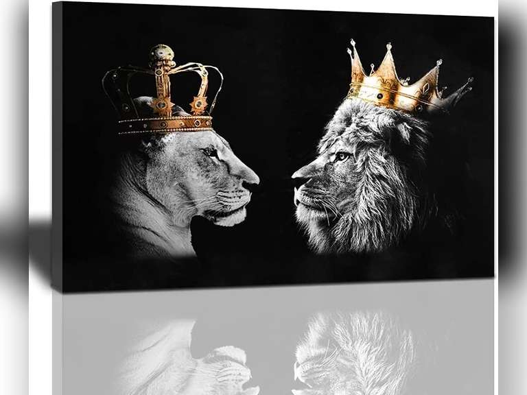 Living Room Decor Wall Art Lion Pictures for Bedroom Lion and Lioness with Crown Poster Black and White King and Queen Canvas Prints Modern Home Framed Artwork for Bedroom Living Room 24X16 inch 39