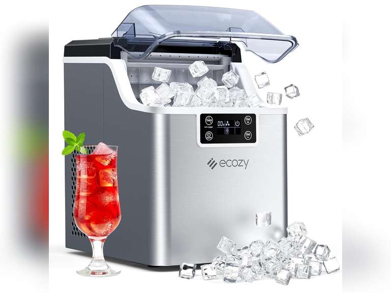 ecozy Ice Cube Maker Countertop, 45 lbs Per Day Ice Machine, 24 Cubes Ready in 13 Mins, Self-Cleaning Function, Perfect for Home Kitchen Bar Party Office, Stainless Steel 190