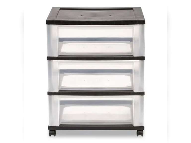 Three-Drawer Durable Storage Cart, Plastic, 22 x 15.69 x 25.48, Clear/Black 83