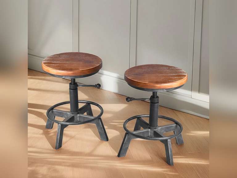 Set of 2-Industrial Bar Stool-Counter Height Chairs- Swivel Wooden Seat- Adjustable 15.2-21" 109