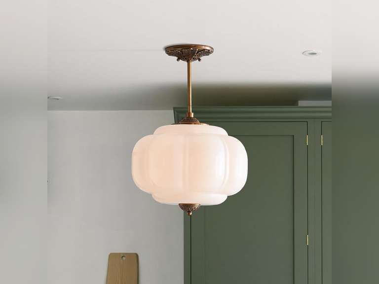 Milk Glass Ceiling Light Fixture - Antique Brass Semi Flush Mount Pendant Light for Kitchen, Hallway, and Bedroom 15 inch (White 15 inch) 225