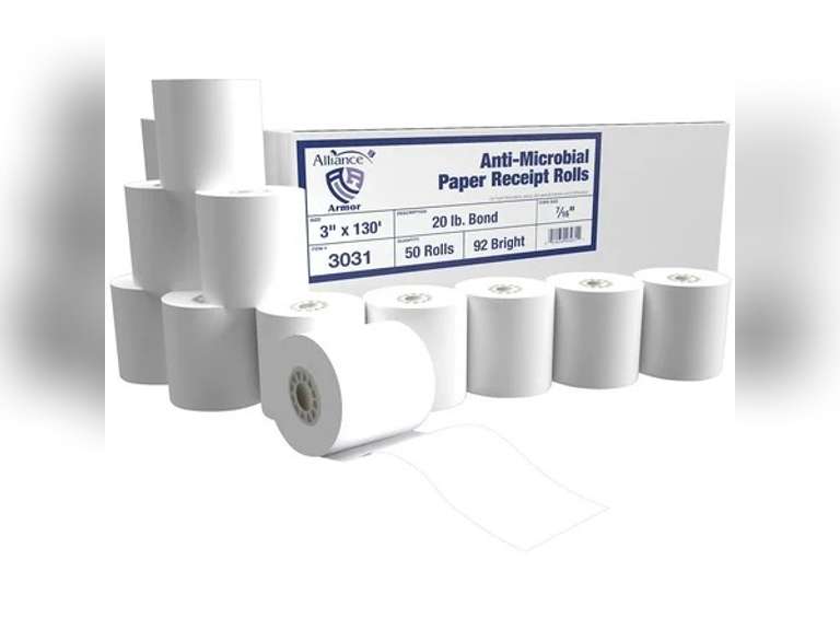 Alliance Armor Antimicrobial Receipt Roll Paper 3" x 130 ft White 50/Carton 3031 93