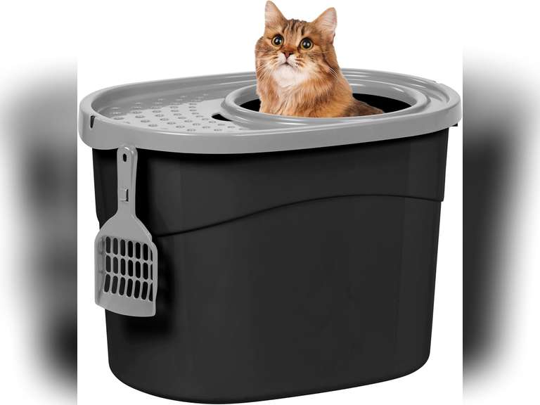 IRIS USA Large Simple Round Top Entry Cat Litter Box with Scoop, Curved Kitty Litter Pan with Litter Particle Catching Cover and Privacy Walls, Black/Gray 28