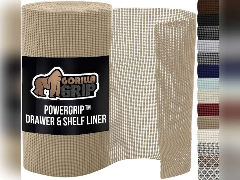 (See picture) GORILLA GRIP powerGRIP Drawer Shelf and Cabinet Liner, Thick Strong Hold, Non-Adhesive Liners Protect Kitchen Cabinets and Cupboard, Bathroom Drawers, Easy Install, Breathable Mat, 20" x30', Beige 52