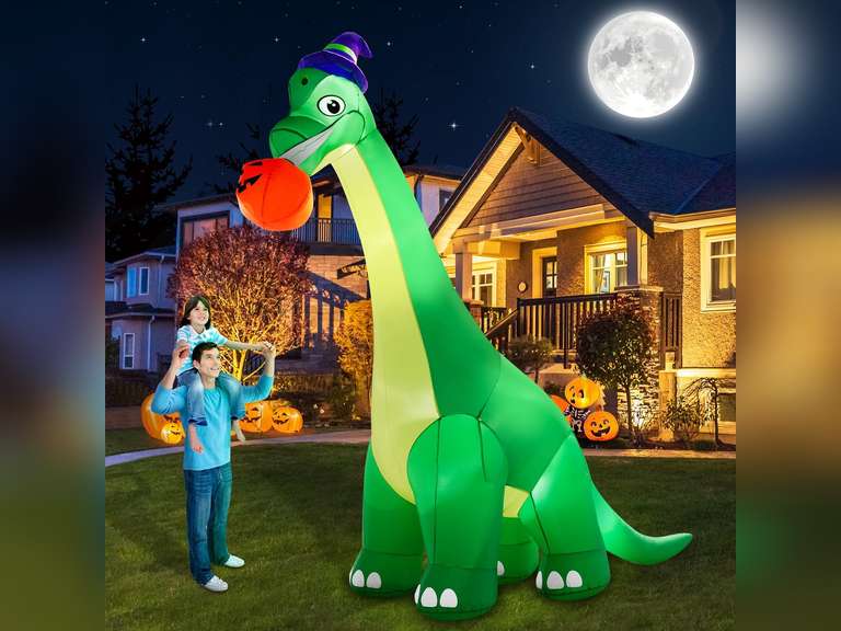 13Ft Giant Halloween Dinosaur Inflatable Decorations, Bite Large Pumpkin with Witch Hat Build-in LED Light Strong Blower Huge Blow Up Yard Clearance Decor for Outdoor Indoor Holiday Party Yard 80