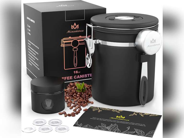 Coffee canister set for ground coffee with Date Tracker,Co2 Valve,Travel jar,Stainless Steel Kitchen Food Airtight storage container for Coffee Beans or Grounds,Tea,Sugar (16oz-Black) 22