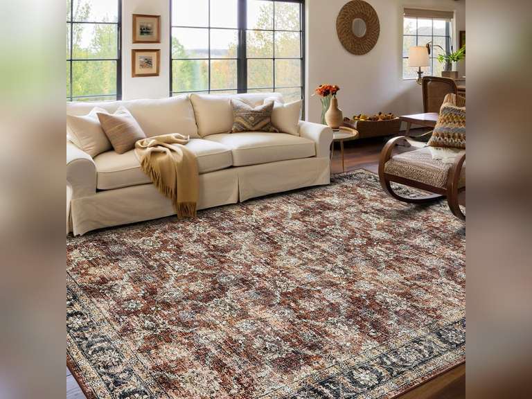 GarveeHome Vintage Rug 5x7 Floral Print Area Rug for Living Room Washable Non Slip Farmhouse Distressed Indoor Carpet Foldable Low Pile Soft Accent Throw Rug for Bedroom Home Nursery, Red 50