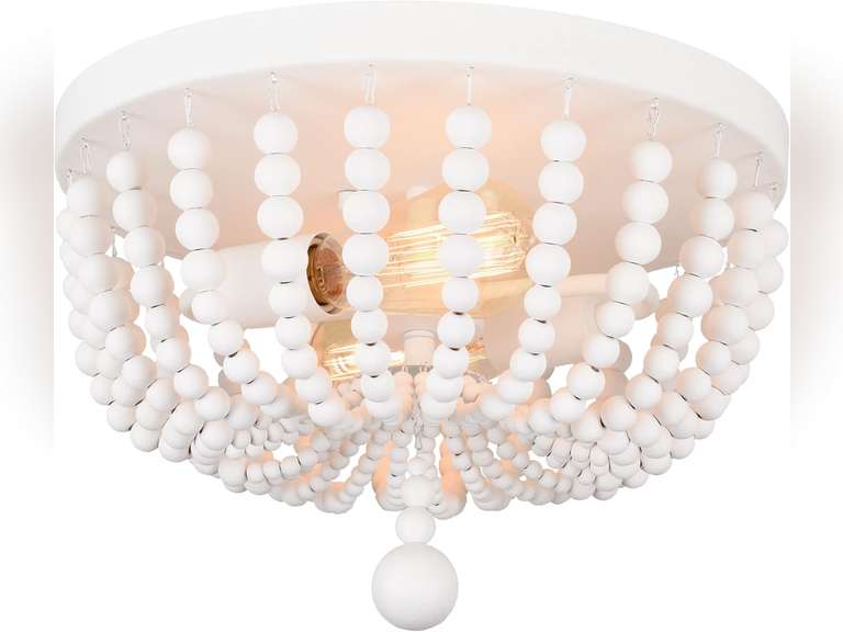 ALICE HOUSE 14.1" Flush Mount Light, White Wood Bead Chandelier, 2 Light Ceiling Light for Bedroom, Hallway, Foyer, ETL Listed, AL9031-S2 60