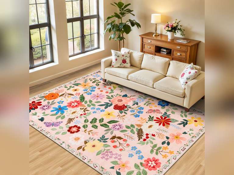 6x9 Area Rugs for Living Room: Floral Washable Rug Vintage Large Soft Boho Non-Slip Carpet Indoor Floor Stain Resistant Thin Carpets for Bedroom Dining Room Farmhouse Nursery Hallway Home Office Beige 62