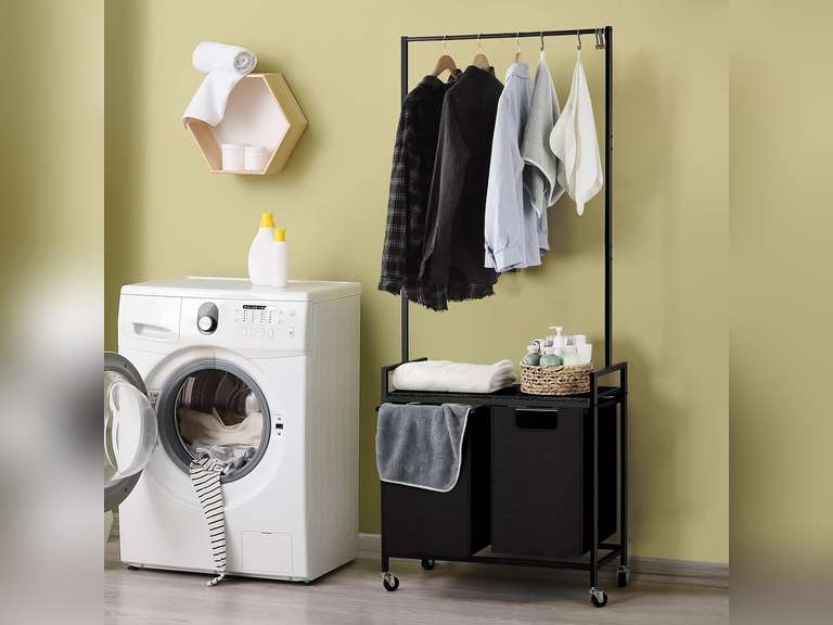 Laundry Hamper with Clothes Hanging Rack Rolling Laundry Cart on Lockable Wheels Laundry Basket with 2 Pull-Out and Removable Bags for Laundry Room Bathroom Bedroom, Black 50