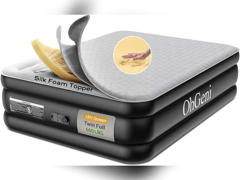 OhGeni 18" Luxury Air Mattress Queen with Built-in Pump, Silk Foam Topper Inflatable Bed for Superior Comfort, Premium Blow-Up Mattress for Home & Guest, Easy Setup, Extra Support, Black 166
