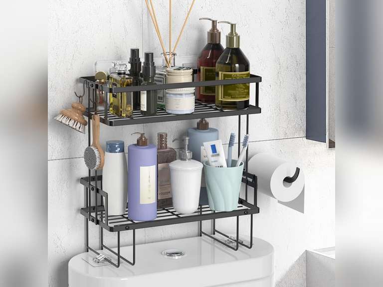 Over The Toilet Storage Shelf, 2-Tier Bathroom Storage Organizer Upgrade Punch-Free Toliet Storage Shelf, Home Storage Rack with Hooks Shelf,Black 19