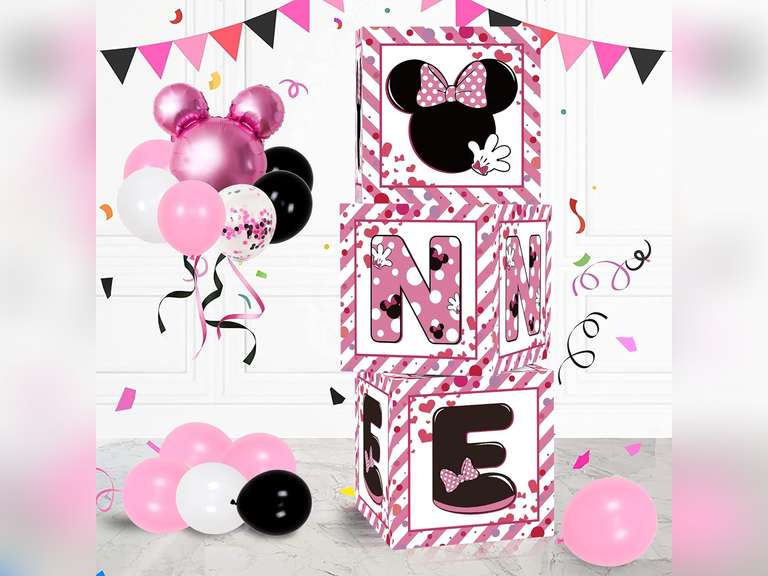 1st First Birthday Party Favors Balloon Boxes Supplies for Baby, Girls 3Pcs Pink Mouse Theme One Year Old Balloon Boxes, 'ONE' Letters Balloon Arch Kit for Party Decorations 17