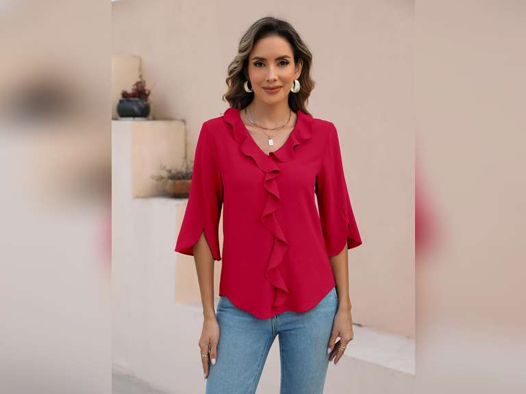 Blooming Jelly Womens Dressy Casual Blouses 3/4 Sleeve V Neck Ruffle Tops Business Ladies Summer 2025 Trendy Work Shirt Size XXL 20