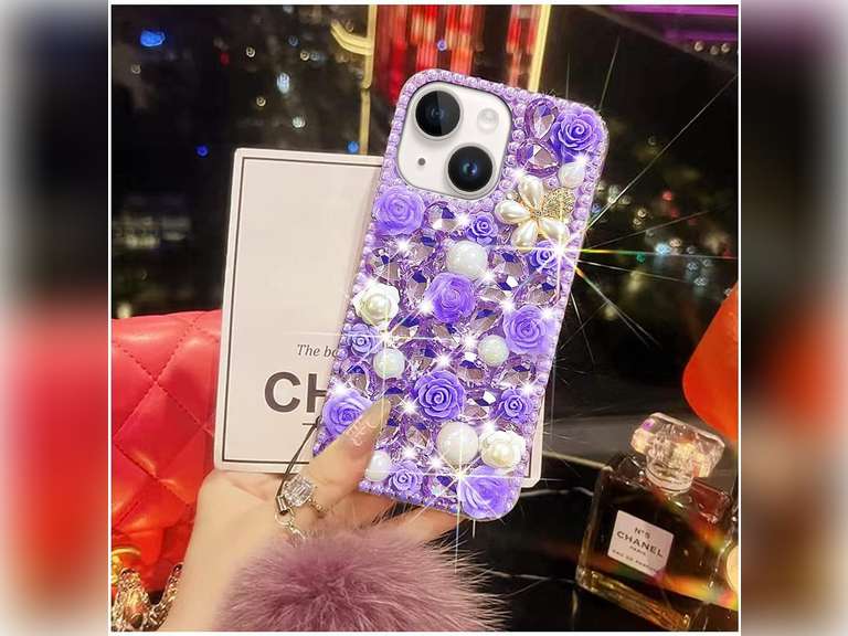 for iPhone 14 Plus Case for Women Shiny Luxury Bling Phone Case with Glitter Sparkle Crystal Rhinestone Diamond Gems on Hard Back Soft Edge TPU Cover for Girly Girls 6.7" -Purple 19