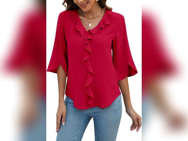 Blooming Jelly Womens Dressy Casual Blouses 3/4 Sleeve V Neck Ruffle Tops Business Ladies Summer 2025 Trendy Work Shirt Size XXL 20