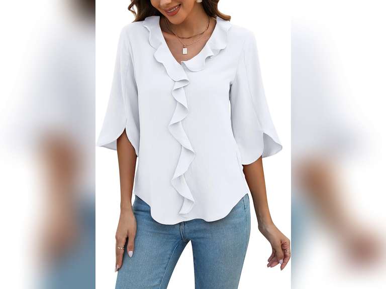 Blooming Jelly Womens Dressy Casual Blouses 3/4 Sleeve V Neck Ruffle ...