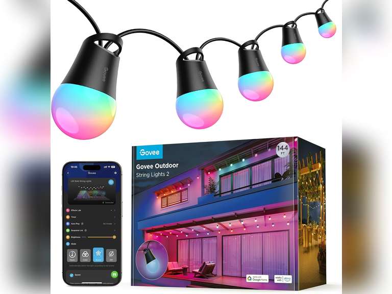 Govee Smart Outdoor String Lights 2, 144ft RGBIC Outdoor Lights with Dimmable Warm White LED Bulbs, 47 Scene Modes for Patio, Backyard, Balcony, IP65 Waterproof, Works with Alexa, Google Assistant 170