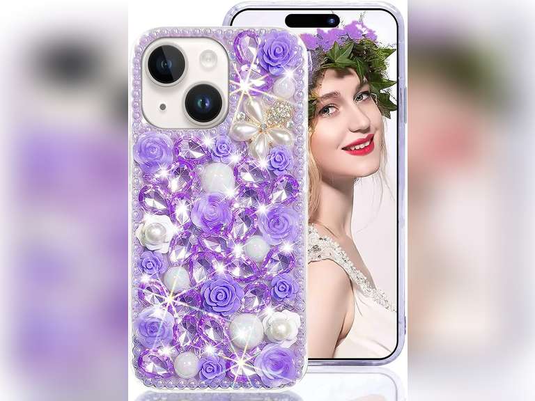 for iPhone 14 Plus Case for Women Shiny Luxury Bling Phone Case with Glitter Sparkle Crystal Rhinestone Diamond Gems on Hard Back Soft Edge TPU Cover for Girly Girls 6.7" -Purple 19