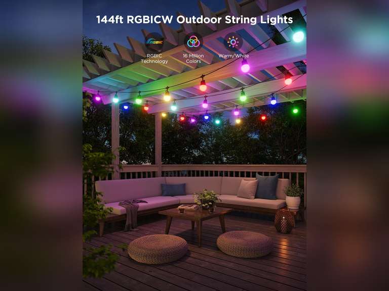 Govee Smart Outdoor String Lights 2, 144ft RGBIC Outdoor Lights with Dimmable Warm White LED Bulbs, 47 Scene Modes for Patio, Backyard, Balcony, IP65 Waterproof, Works with Alexa, Google Assistant 170