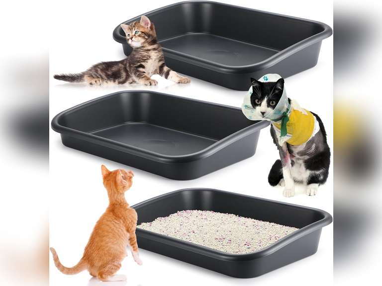 Uiifan 3 Pcs Low Entry Senior Cat Litter Box Large Size Pet Low Entry Open Top Litter Box for Senior Kitten Frail Handicap Disabled Older Elderly Cats, Easy to Clean(Dark Gray) 54