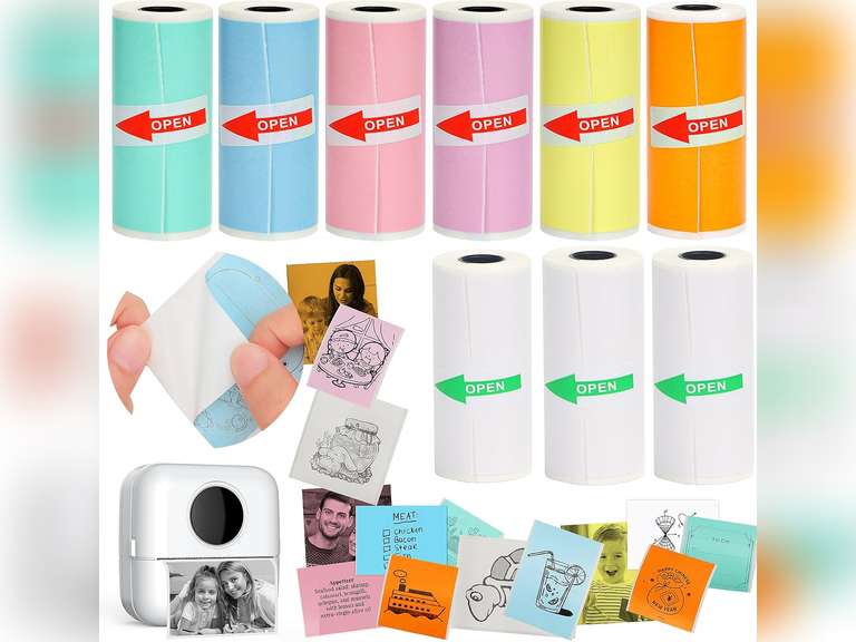 HuiJuKeJi 9 Rolls Mini Printer Sticker Paper,Thermal Self-Adhesive Paper 57 * 25mm,3 Rolls of White &6 Rolls of Colour Paper for Pocket Inkless Portable Bluetooth Printer to Print Photo,Note 13