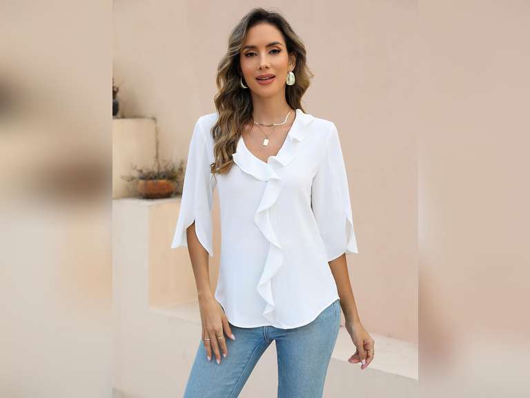 Blooming Jelly Womens Dressy Casual Blouses 3/4 Sleeve V Neck Ruffle Tops Business Ladies Summer 2025 Trendy Work Shirt Size L 20