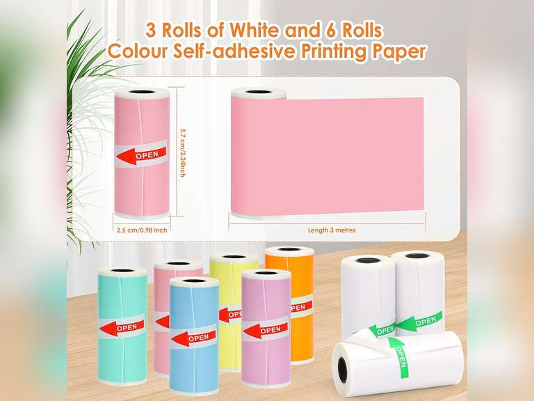 HuiJuKeJi 9 Rolls Mini Printer Sticker Paper,Thermal Self-Adhesive Paper 57 * 25mm,3 Rolls of White &6 Rolls of Colour Paper for Pocket Inkless Portable Bluetooth Printer to Print Photo,Note 13