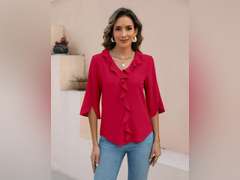 Blooming Jelly Womens Dressy Casual Blouses 3/4 Sleeve V Neck Ruffle Tops Business Ladies Summer 2025 Trendy Work Shirt Size XXL 20