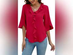 Blooming Jelly Womens Dressy Casual Blouses 3/4 Sleeve V Neck Ruffle Tops Business Ladies Summer 2025 Trendy Work Shirt Size XXL 20