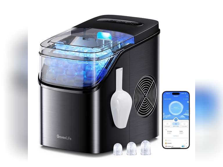 GoveeLife Smart Ice Maker Countertop, Portable Ice Machine with Voice Control, 9 Ice Cubes in 6 Minutes 3 Sizes, 26lbs/24Hrs, Self Cleaning RGB Lights, Quiet Ice Maker with Scoop for Kitchen Black 180