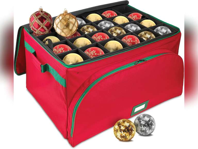 HOLDN STORAGE Premium Christmas Ornament Storage Container - Holds Up to 72-4 Ornaments Durable 600D Fabric - Adjustable Dividers - 3 Individual Trays - Metal Frame - Red 100