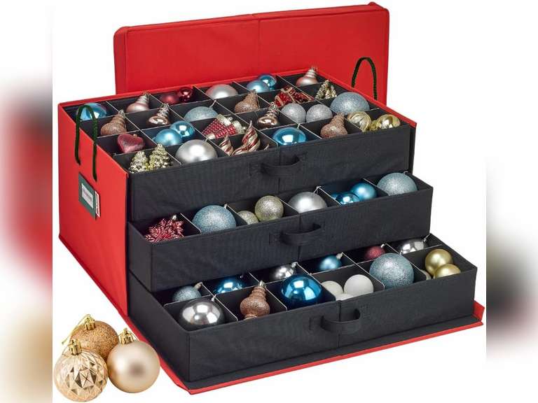 HOLDN STORAGE Christmas Ornament Storage Box with Dividers, Holds Up to 72 Ornaments (4 Inches), Large Organizer with 3 Stackable Trays - Red 32
