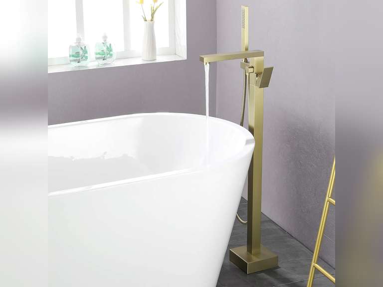 SHAMANDA Freestanding Bathtub Faucet Single Handle Bath Tub Filler Faucet with Hand Shower Brushed Gold, Floor Mount, FL801-3 216