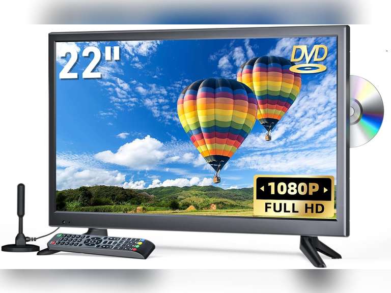 22 Inch TV with DVD Player Built-in, 1080P Full HD Small Flat Screen TV with DVD, HDMI, USB, AV Inputs, TV DVD Combo for RV, Kitchen, Bedroom, Office 220