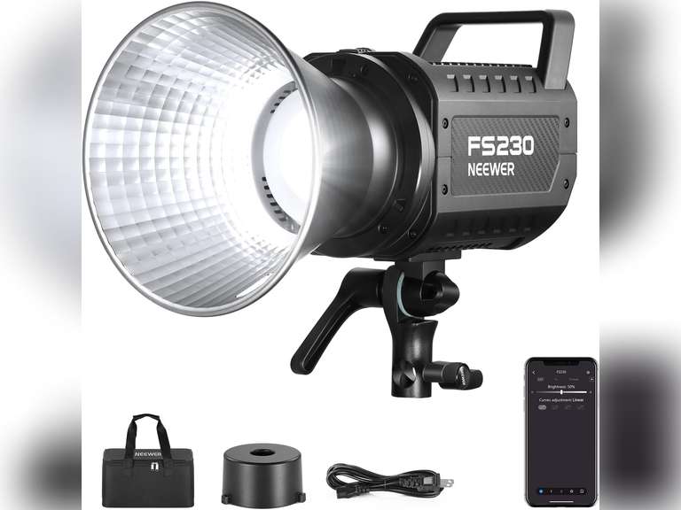 NEEWER FS230 230W COB Video Light 2.4G/APP Control, 110000lux/1m 5600K Daylight Bowens Mount Photography Continuous Output Lighting for Video Recording, Silent Fan, 9 Scenes 4 Dimming Types CRI97+ 200