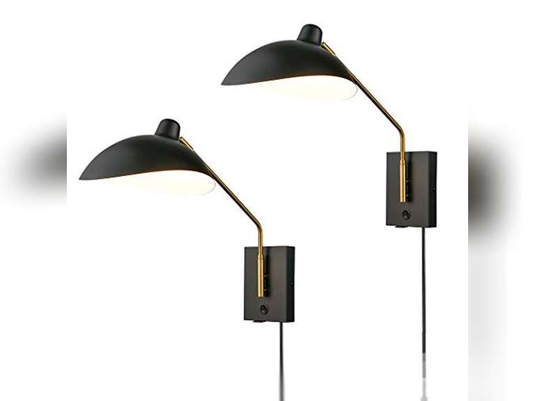 CLAXY Swing Arm Bedroom Wall Sconces Modern Black Plug-in or Hardwired Sconce Lighting with USB Charge Port-Set of 2 149