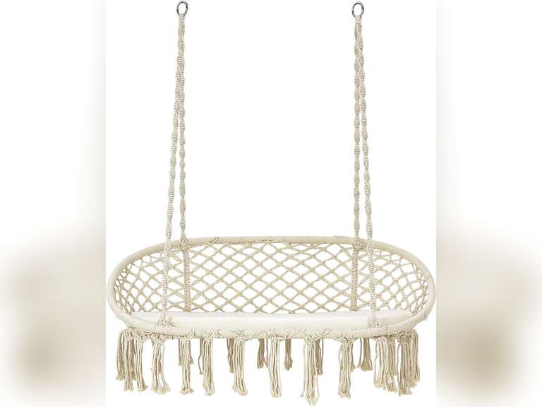 Giantex Hammock Chair 2 Seat, Macrame Hanging Chair with Cushion, Hanging Cotton Ropes, Metal Frame, 440 lbs Capacity Indoor Swing for Hammock Stand, Patio, Balcony, Living Room Hammock Swing 85