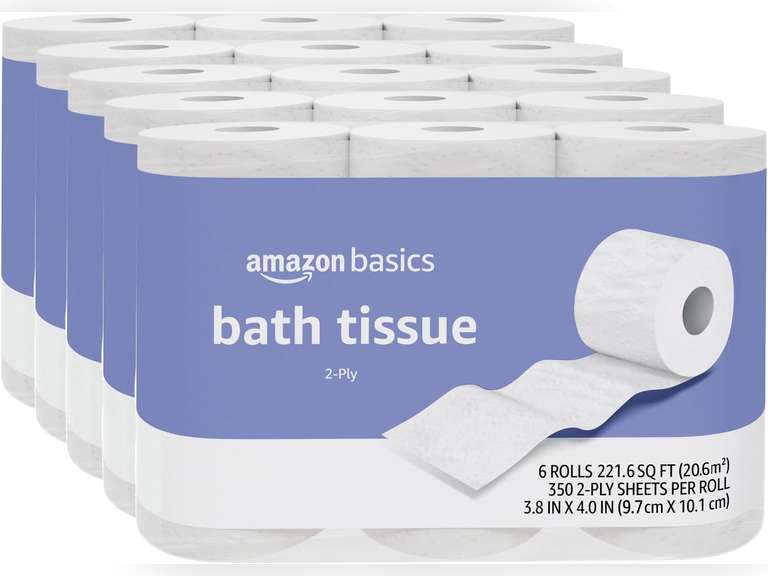 Amazon Basics 2-Ply Toilet Paper, 30 Rolls = 120 Regular Rolls, 350 Sheets, (Pack of 30), Unscented 25