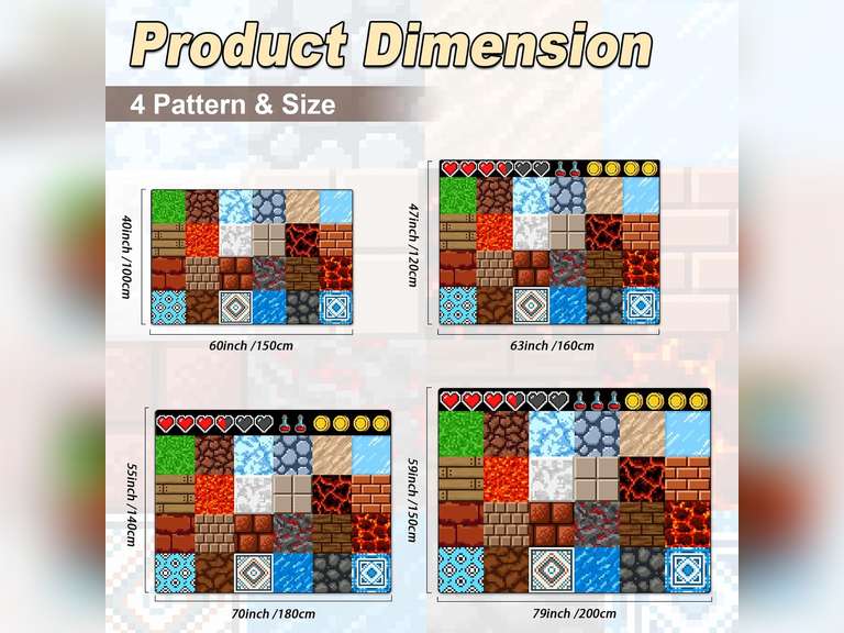Game Rug Teen Boys Carpet with Pixel Game Element Decoration, 8 Bit Old Game Rugs for Boy s Bedroom Living Room Playroom, Non-Slip Children Gaming Area Rugs (79" x 59") 90